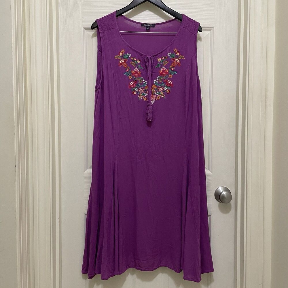 Roaman's Sleeveless Embroidered Swing Dress Gauze Purple Boho Rayon‎ Sz 14 / 16